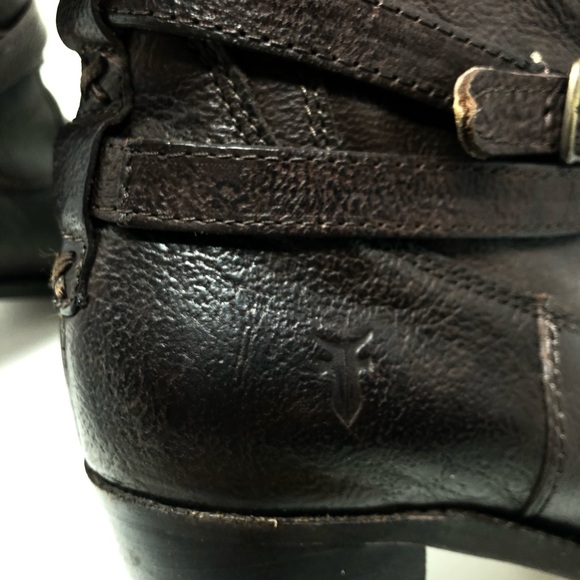 Frye Jane Chocolate Brown Tall Strappy Pull-On Chunky Heel Boots - Picture 10 of 11